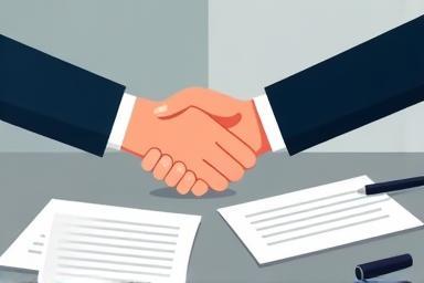 Image representing contract negotiation with business people shaking hands over documents