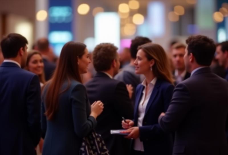 Professional people networking at a busy industry event, symbolizing strong connections